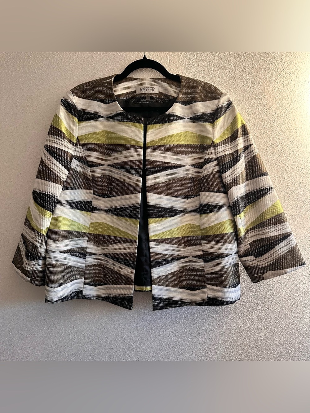 Kasper Olive, Gray & White Striped Collarless Jacket